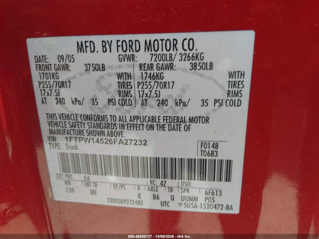 Продажа на аукционе авто 2006 Ford F-150 Fx4/lariat/xlt, vin: 1FTPW14526FA27232, номер лота: 46288727