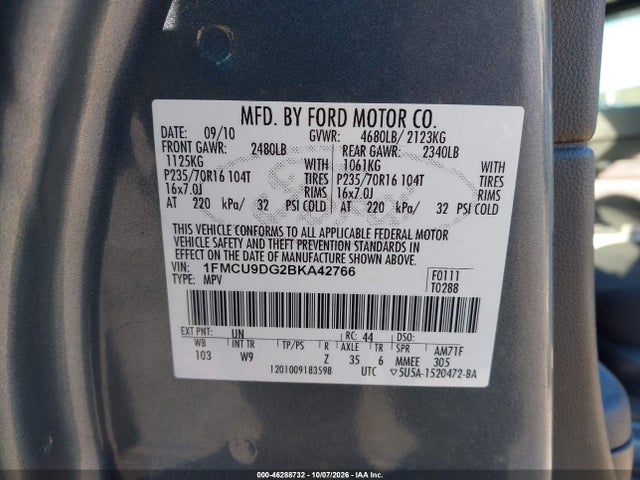 Продажа на аукционе авто 2011 Ford Escape Xlt, vin: 1FMCU9DG2BKA42766, номер лота: 46288732