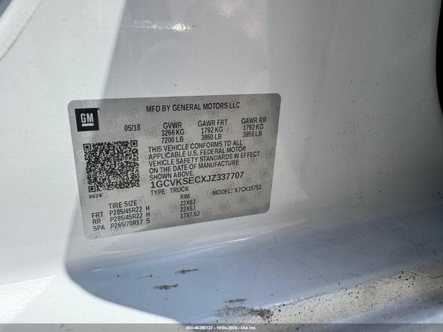 Aukcja sprzedaży 2018 Chevrolet Silverado 1500 2lz, vin: 1GCVKSECXJZ337707, numer aukcji: 46288737