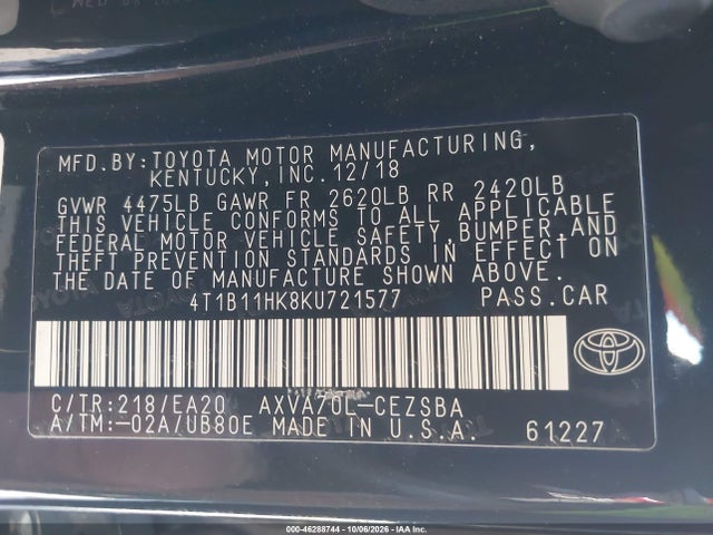 4T1B11HK8KU721577 Toyota CAMRY SE