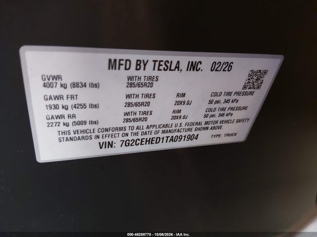 2026 Tesla Cybertruck Dual Motor All-wheel Drive/premium All-wheel Drive მანქანა იყიდება აუქციონზე, vin: 7G2CEHED1TA091904, აუქციონის ნომერი: 46288770
