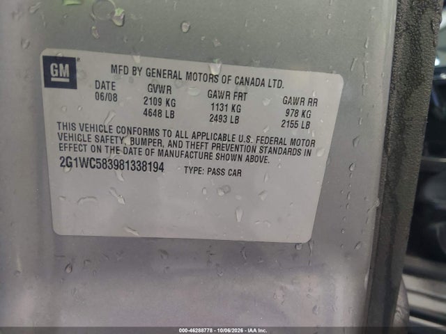 Aukcja sprzedaży 2008 Chevrolet Impala Lt, vin: 2G1WC583981338194, numer aukcji: 46288778