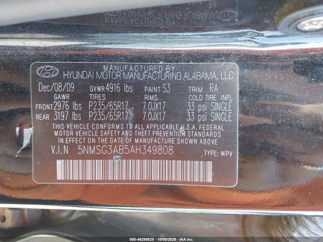 Продаж на аукціоні авто 2010 Hyundai Santa Fe Gls, vin: 5NMSG3AB5AH349808, номер лоту: 46288828