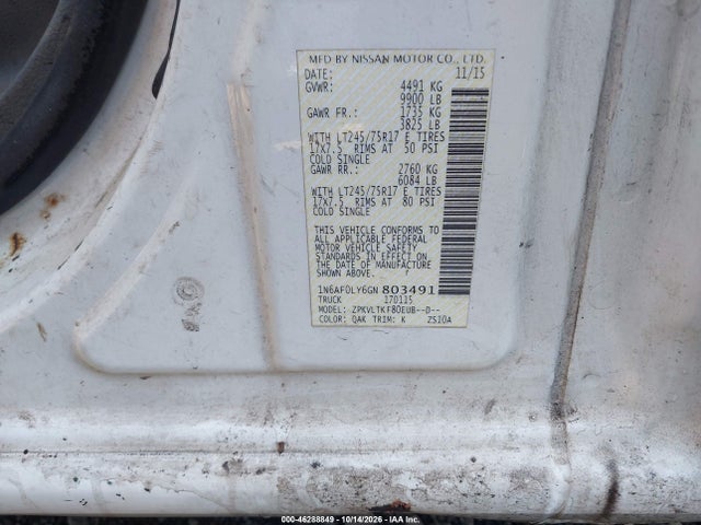 2016 Nissan Nv Cargo Nv3500 Hd Sv V8 მანქანა იყიდება აუქციონზე, vin: 1N6AF0LY6GN803491, აუქციონის ნომერი: 46288849
