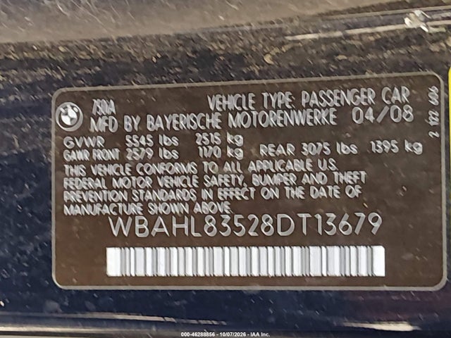 2008 Bmw 7 Series 750i მანქანა იყიდება აუქციონზე, vin: WBAHL83528DT13679, აუქციონის ნომერი: 46288856