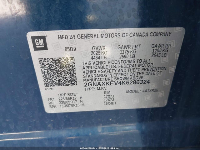 Aukcja sprzedaży 2019 Chevrolet Equinox Lt, vin: 2GNAXKEV4K6286324, numer aukcji: 46288864