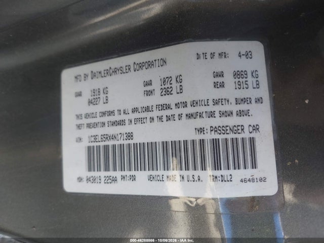 46288866 :رقم المزاد ، 1C3EL65RX4N171388 vin ، 2004 Chrysler Sebring Limited مزاد بيع