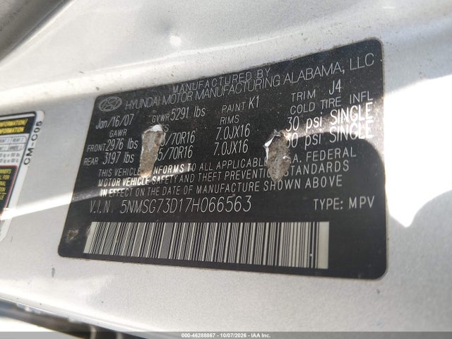 Aukcja sprzedaży 2007 Hyundai Santa Fe Gls, vin: 5NMSG73D17H066563, numer aukcji: 46288867
