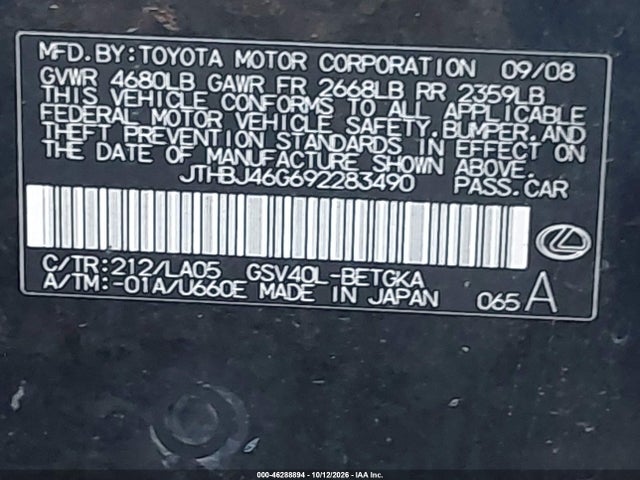 46288894 :رقم المزاد ، JTHBJ46G692283490 vin ، 2009 Lexus Es 350 مزاد بيع