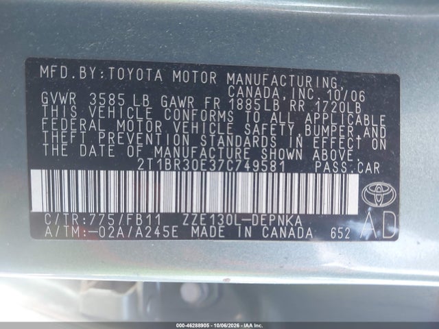 Aukcja sprzedaży 2007 Toyota Corolla Le, vin: 2T1BR30E37C749581, numer aukcji: 46288905