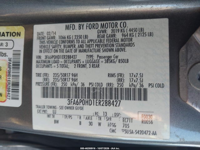 Продажа на аукционе авто 2014 Ford Fusion Se, vin: 3FA6P0HD1ER288427, номер лота: 46288916