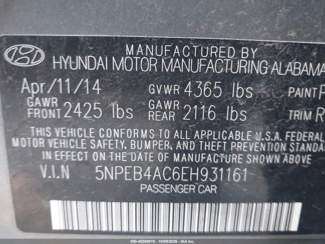 Aukcja sprzedaży 2014 Hyundai Sonata Gls, vin: 5NPEB4AC6EH931161, numer aukcji: 46288919