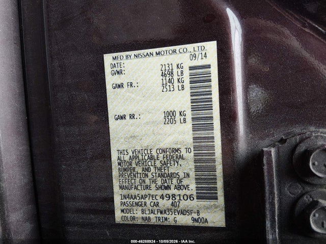 Продаж на аукціоні авто 2014 Nissan Maxima 3.5 Sv, vin: 1N4AA5AP7EC498106, номер лоту: 46288924