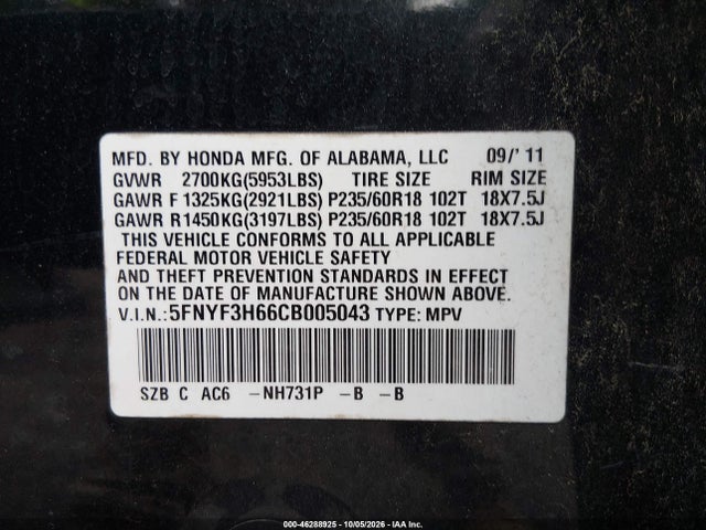 2012 Honda Pilot Ex-l მანქანა იყიდება აუქციონზე, vin: 5FNYF3H66CB005043, აუქციონის ნომერი: 46288925
