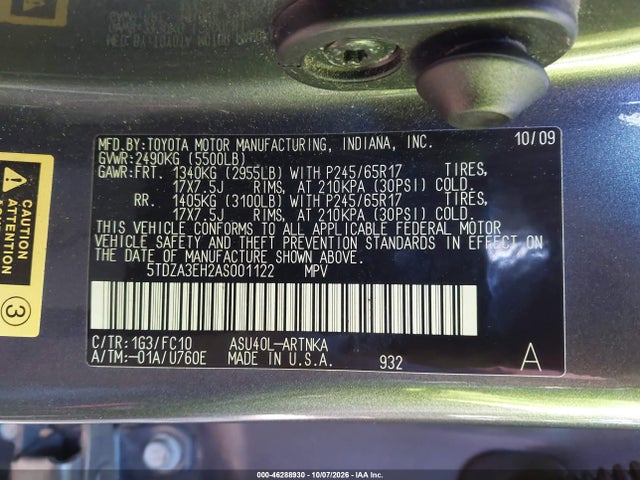 46288930 :رقم المزاد ، 5TDZA3EH2AS001122 vin ، 2010 Toyota Highlander مزاد بيع