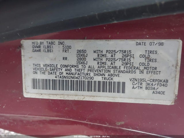 46288931 :رقم المزاد ، 4TAWM72N9XZ562285 vin ، 1999 Toyota Tacoma مزاد بيع