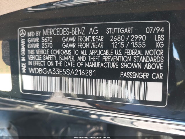 Продажа на аукционе авто 1995 Mercedes-benz S 320, vin: WDBGA33E5SA216281, номер лота: 46288950