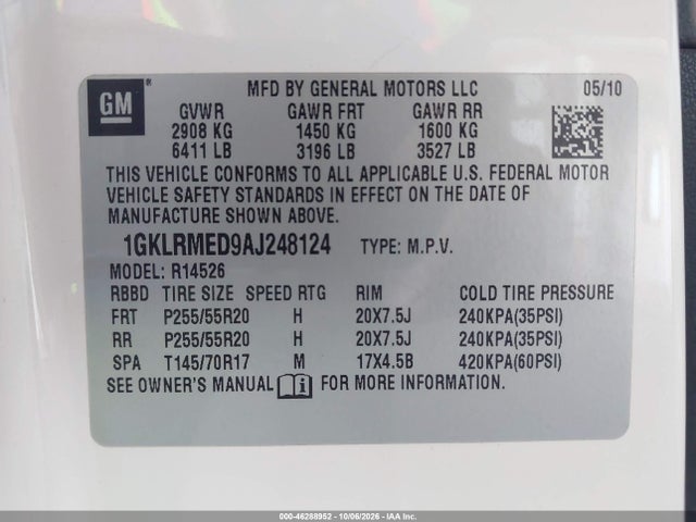 Продаж на аукціоні авто 2010 Gmc Acadia Slt-1, vin: 1GKLRMED9AJ248124, номер лоту: 46288952