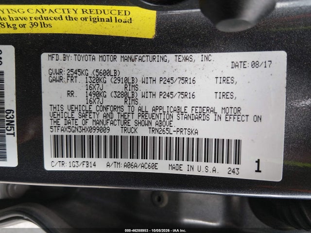46288953 :رقم المزاد ، 5TFAX5GN3HX099009 vin ، 2017 Toyota Tacoma Sr مزاد بيع