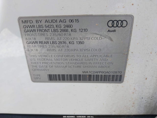 46288963 :رقم المزاد ، WA1C2AFP6GA010970 vin ، 2016 Audi Q5 2.0t Premium مزاد بيع