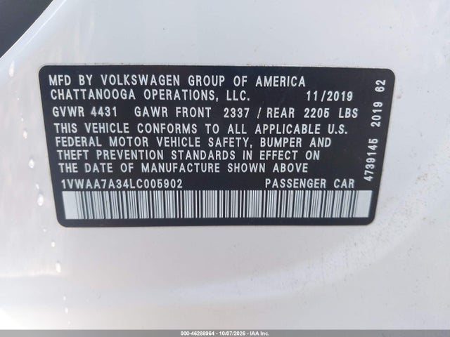 Продажа на аукционе авто 2020 Volkswagen Passat 2.0t S, vin: 1VWAA7A34LC005902, номер лота: 46288964