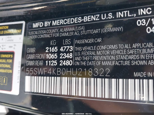 Продажа на аукционе авто 2017 Mercedes-benz C 300 4matic, vin: 55SWF4KB0HU218322, номер лота: 46288967