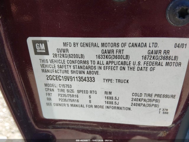 2001 Chevrolet Silverado 1500 Ls მანქანა იყიდება აუქციონზე, vin: 2GCEC19V911354333, აუქციონის ნომერი: 46288977