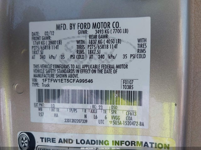 2012 Ford F-150 Lariat მანქანა იყიდება აუქციონზე, vin: 1FTFW1ET5CFA99546, აუქციონის ნომერი: 46288979