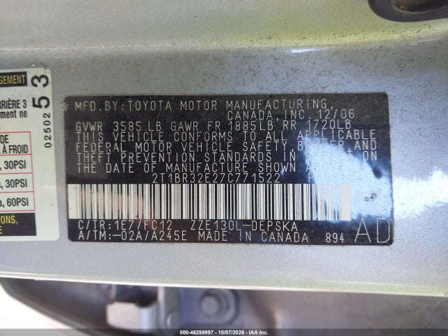 46288997 :رقم المزاد ، 2T1BR32E27C771522 vin ، 2007 Toyota Corolla S مزاد بيع