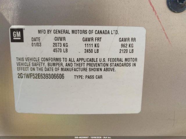 Продажа на аукционе авто 2003 Chevrolet Impala, vin: 2G1WF52E639306606, номер лота: 46289007
