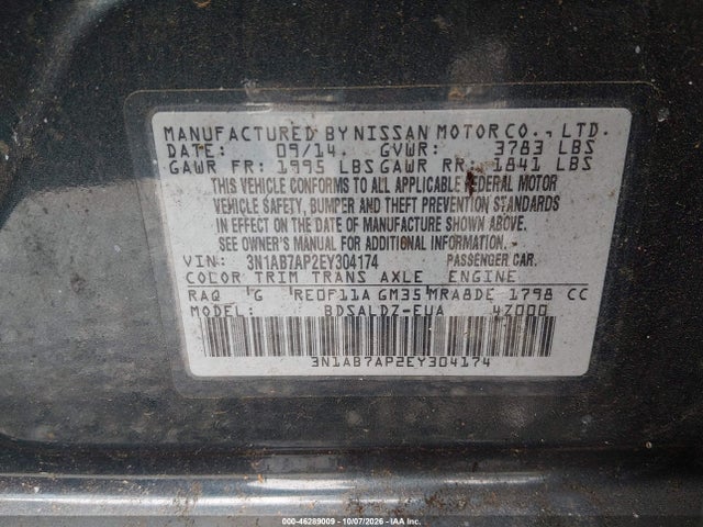 Aukcja sprzedaży 2014 Nissan Sentra Sv, vin: 3N1AB7AP2EY304174, numer aukcji: 46289009