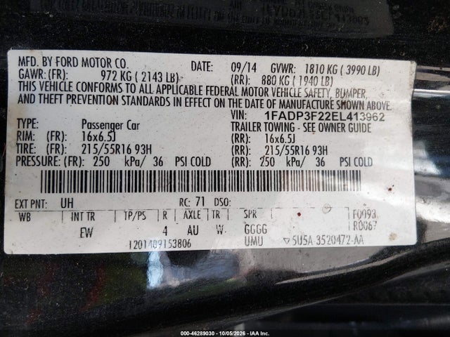 Продаж на аукціоні авто 2014 Ford Focus Se, vin: 1FADP3F22EL413962, номер лоту: 46289030