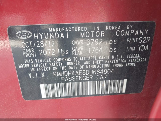 Продажа на аукционе авто 2013 Hyundai Elantra Gls, vin: KMHDH4AE8DU684804, номер лота: 46289033