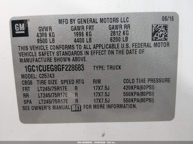 2016 Chevrolet Silverado 2500hd Wt მანქანა იყიდება აუქციონზე, vin: 1GC1CUEG8GF228683, აუქციონის ნომერი: 46289040