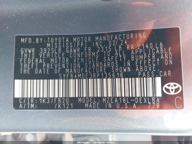 46289071 :رقم المزاد ، 5YFB4MDE3RP135616 vin ، 2024 Toyota Corolla Le مزاد بيع