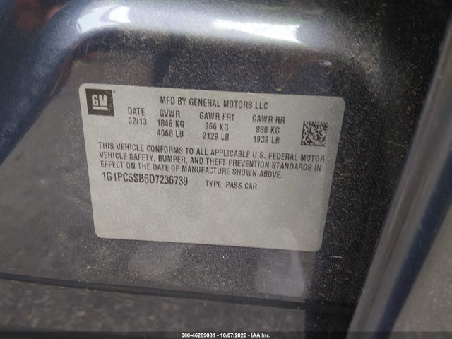46289081 :رقم المزاد ، 1G1PC5SB6D7236739 vin ، 2013 Chevrolet Cruze 1lt Auto مزاد بيع