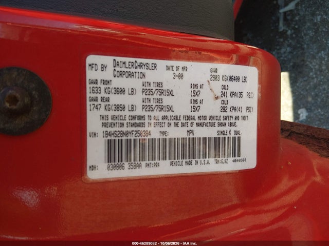 2000 Dodge Durango მანქანა იყიდება აუქციონზე, vin: 1B4HS28N0YF250384, აუქციონის ნომერი: 46289082