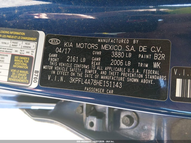 46289085 :رقم المزاد ، 3KPFL4A78HE151143 vin ، 2017 Kia Forte Lx مزاد بيع