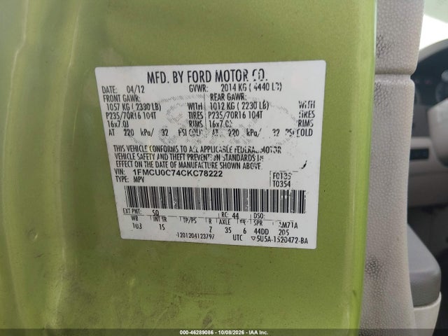 46289086 :رقم المزاد ، 1FMCU0C74CKC78222 vin ، 2012 Ford Escape Xls مزاد بيع