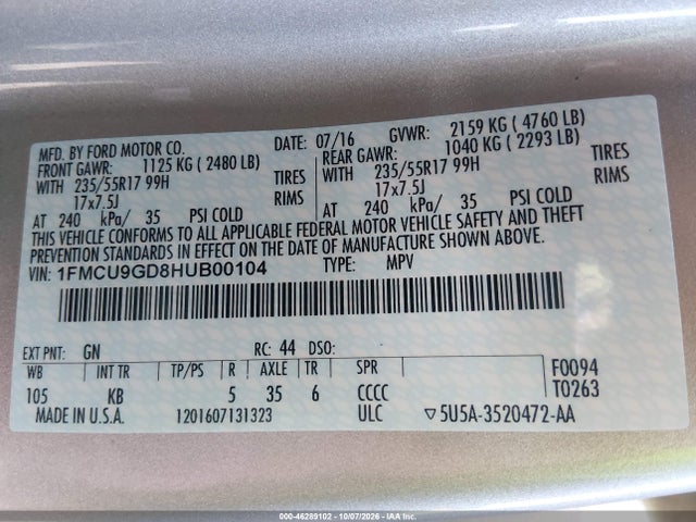 46289102 :رقم المزاد ، 1FMCU9GD8HUB00104 vin ، 2017 Ford Escape Se مزاد بيع