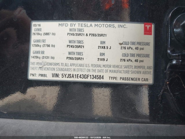 5YJSA1E43GF134584 Tesla Model S 90d/p100d/p85d/p90d