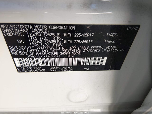 46289124 :رقم المزاد ، JTMZFREV3JJ735677 vin ، 2018 Toyota Rav4 Le مزاد بيع