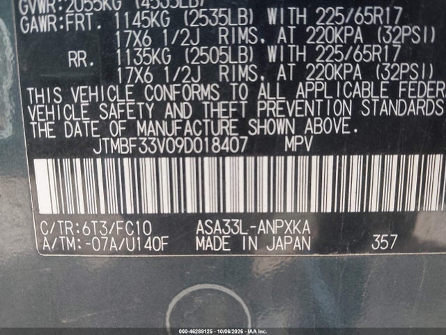 46289125 :رقم المزاد ، JTMBF33V09D018407 vin ، 2009 Toyota Rav4 مزاد بيع