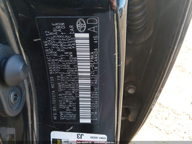 46289139 :رقم المزاد ، 2T1BU4EEXCC845196 vin ، 2012 Toyota Corolla Le مزاد بيع