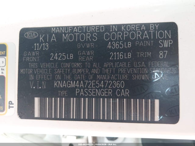 46289175 :رقم المزاد ، KNAGM4A72E5472360 vin ، 2014 Kia Optima Lx مزاد بيع