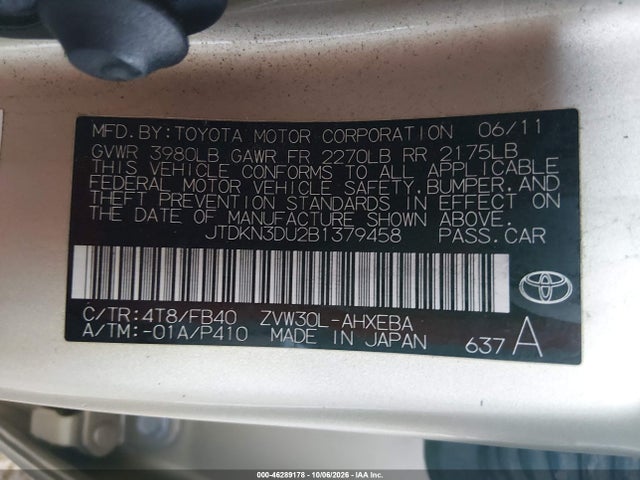 Aukcja sprzedaży 2011 Toyota Prius Two, vin: JTDKN3DU2B1379458, numer aukcji: 46289178
