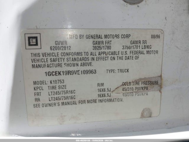 46289186 :رقم المزاد ، 1GCEK19R9VE109963 vin ، 1997 Chevrolet K1500 Fleetside مزاد بيع