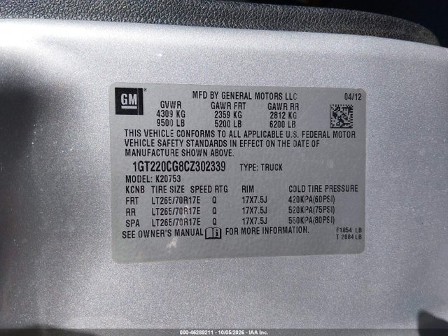 Продажа на аукционе авто 2012 Gmc Sierra 2500hd Sle, vin: 1GT220CG8CZ302339, номер лота: 46289211