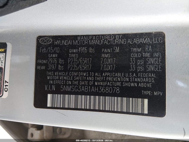 Продажа на аукционе авто 2010 Hyundai Santa Fe Gls, vin: 5NMSG3AB1AH368078, номер лота: 46289213