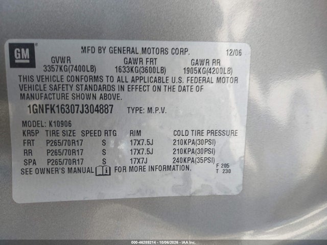 Auction sale of the 2007 Chevrolet Suburban 1500 Ls, vin: 1GNFK16307J304887, lot number: 46289214